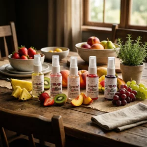 Sweet Nuttins Fruit Flavor Bundle with tropical punch, pineapple, peach, grape, and strawberry kiwi intimacy sprays arranged together