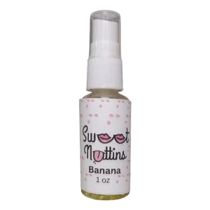 Banana flavored intimacy spray bottle from Sweet Nuttins with bright, playful styling