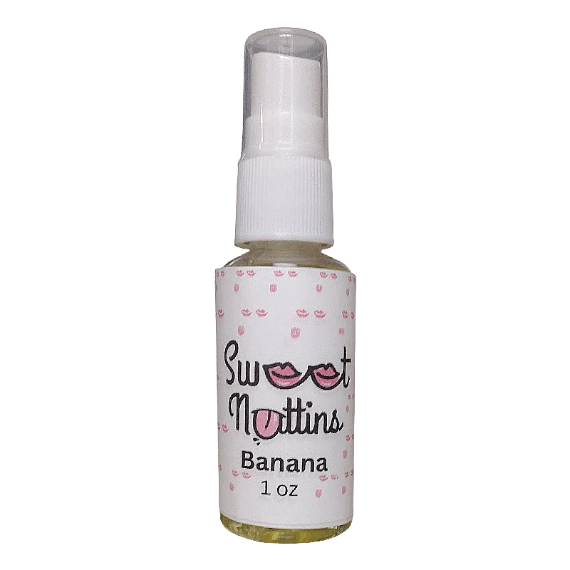 Banana flavored intimacy spray bottle from Sweet Nuttins with bright, playful styling