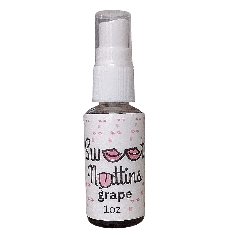 Grape flavored intimacy spray bottle from Sweet Nuttins with playful, bold styling