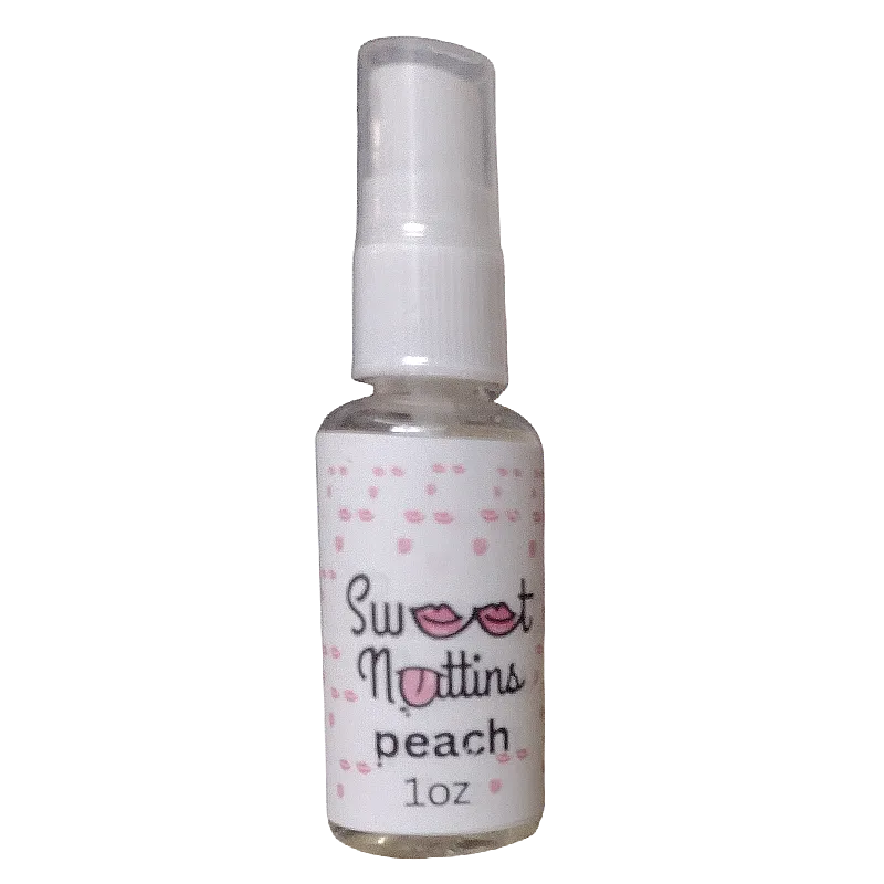 Peach flavored intimacy spray bottle from Sweet Nuttins with soft, romantic styling