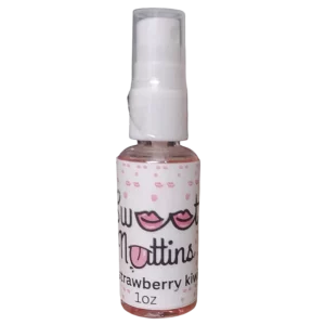 Strawberry Kiwi flavored intimacy spray bottle from Sweet Nuttins with bright, fruity styling