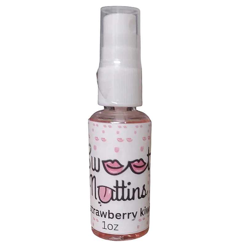 Strawberry Kiwi flavored intimacy spray bottle from Sweet Nuttins with bright, fruity styling