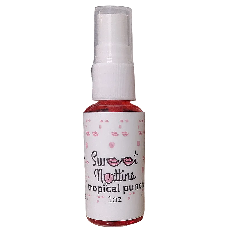 Tropical Punch flavored intimacy spray bottle from Sweet Nuttins on a neutral background