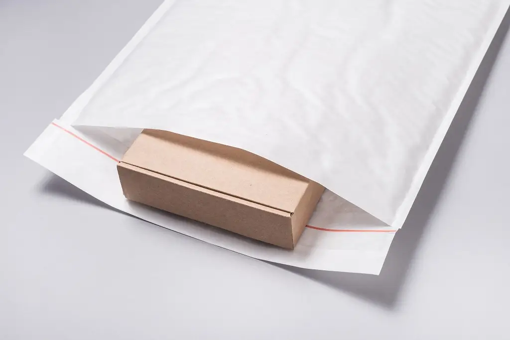 unmarked box inside a white bubble package that's unlabeled