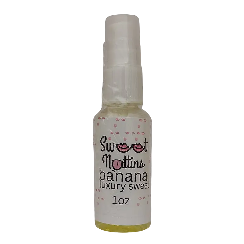 Luxury Line - Banana flavored intimacy spray bottle from Sweet Nuttins on a transparent background