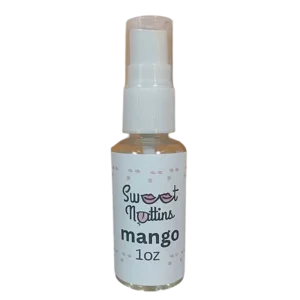 Mango flavored intimacy spray bottle from Sweet Nuttins with bright, fruity styling
