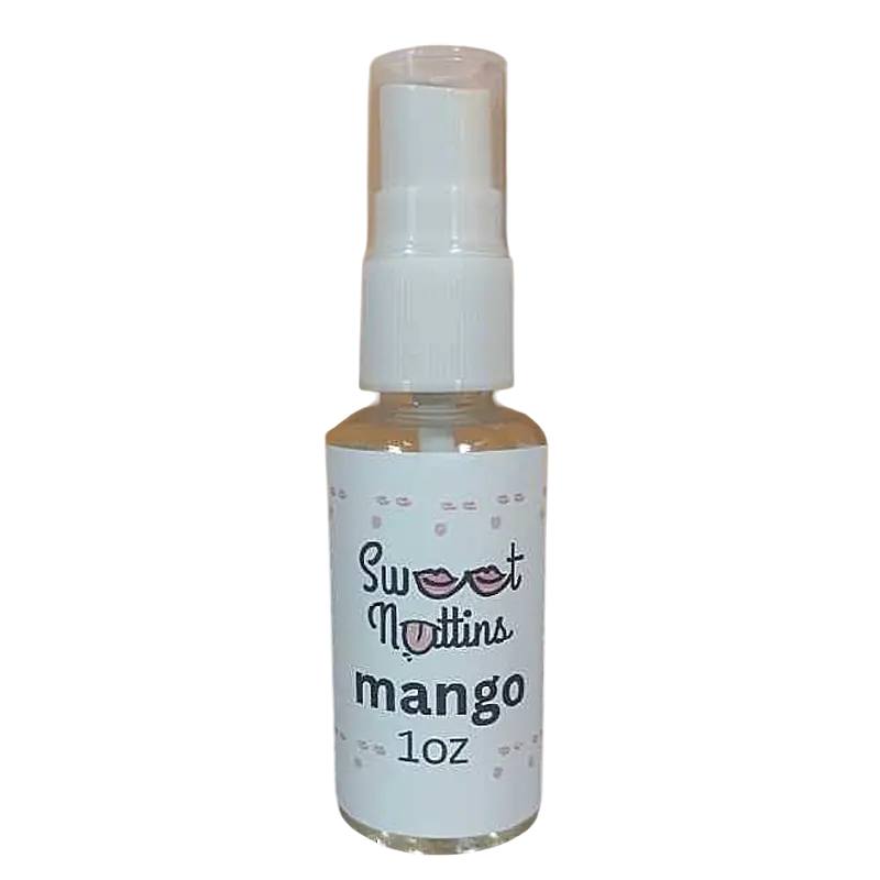 Mango flavored intimacy spray bottle from Sweet Nuttins with bright, fruity styling