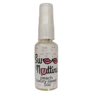 Luxury Line - Peach flavored intimacy spray bottle from Sweet Nuttins on a transparent background