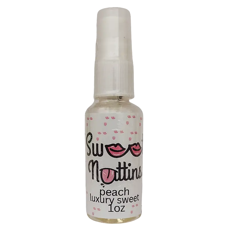 Luxury Line - Peach flavored intimacy spray bottle from Sweet Nuttins on a transparent background