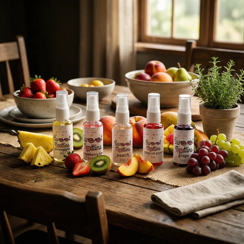 Sweet Nuttins Fruit Flavor Bundle with tropical punch, pineapple, peach, grape, and strawberry kiwi intimacy sprays arranged together