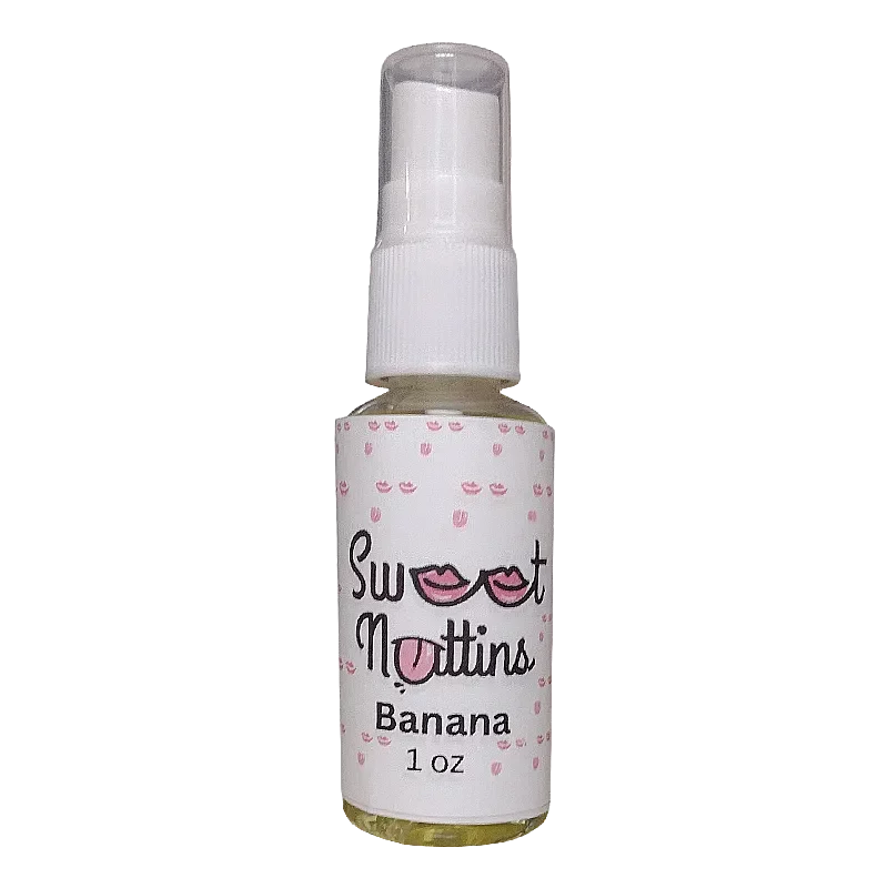 Banana flavored intimacy spray bottle from Sweet Nuttins with bright, playful styling