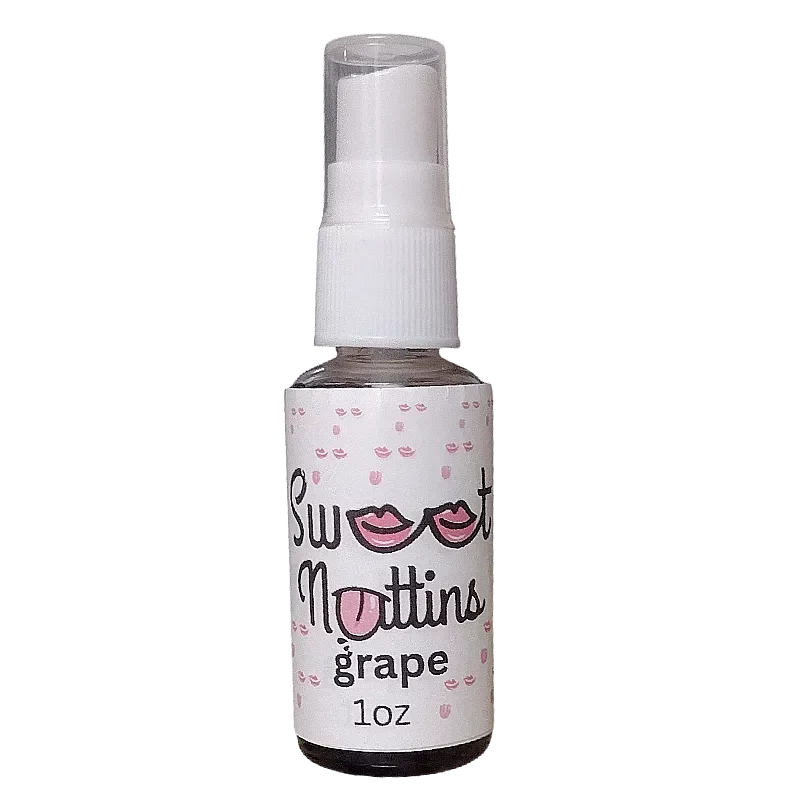 Grape flavored intimacy spray bottle from Sweet Nuttins with playful, bold styling