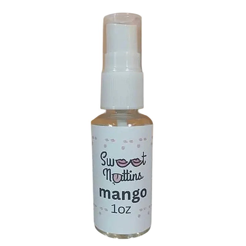 Mango flavored intimacy spray bottle from Sweet Nuttins with bright, fruity styling