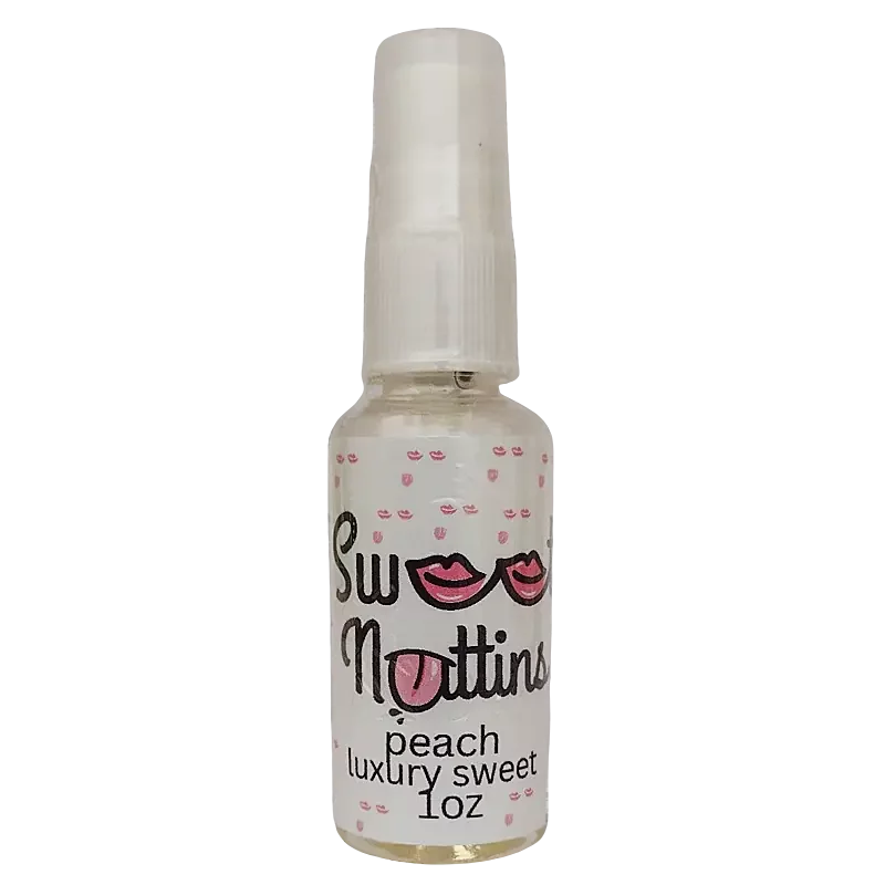 Luxury Line - Peach flavored intimacy spray bottle from Sweet Nuttins on a transparent background