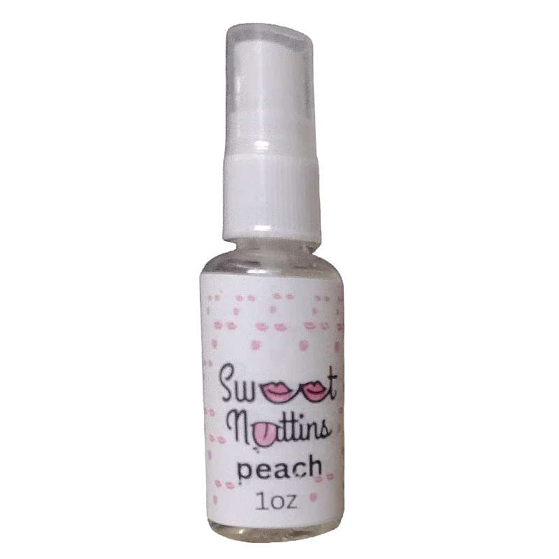 Peach flavored intimacy spray bottle from Sweet Nuttins with soft, romantic styling