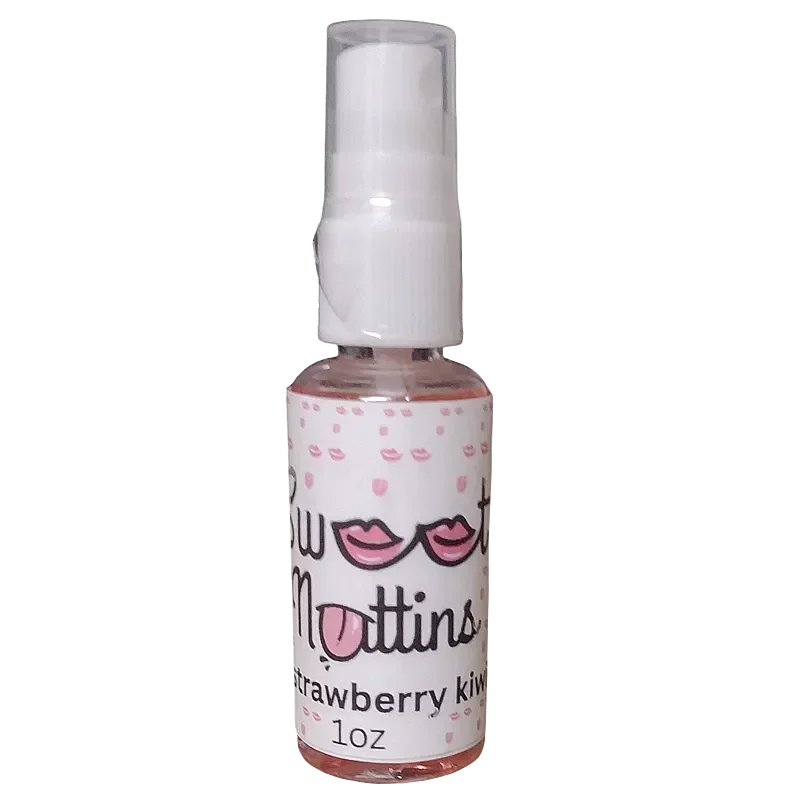 Strawberry Kiwi flavored intimacy spray bottle from Sweet Nuttins with bright, fruity styling