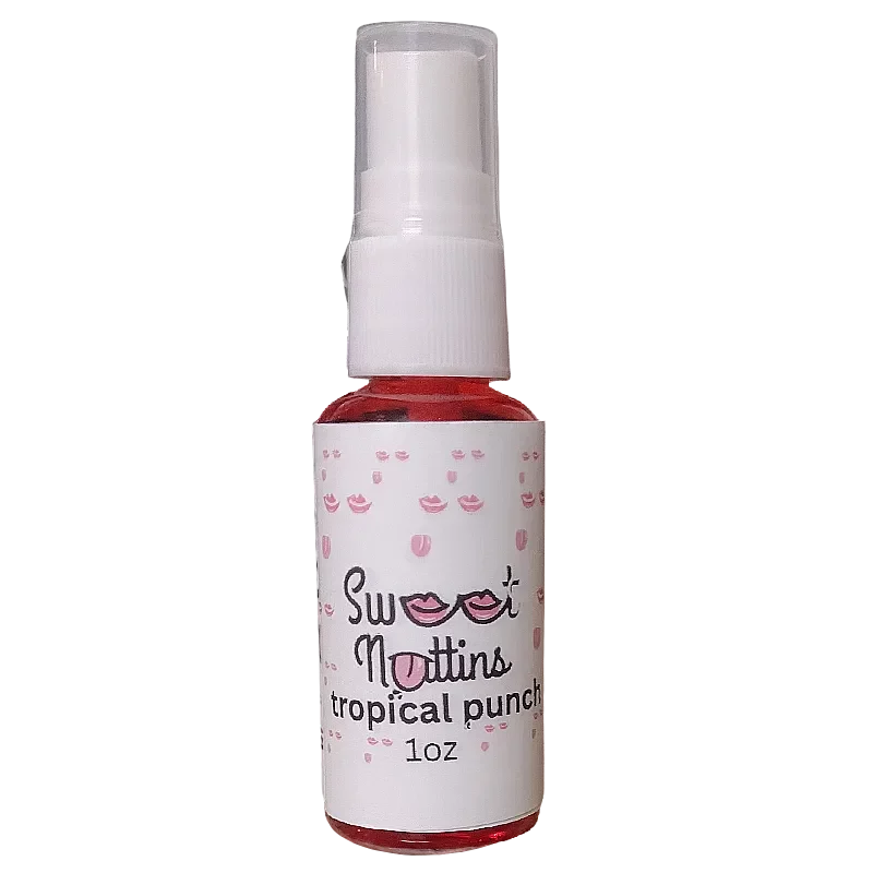 Tropical Punch flavored intimacy spray bottle from Sweet Nuttins on a neutral background